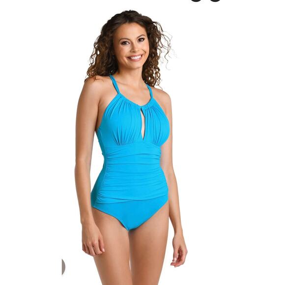 LA BLANCA Island Goddess High Neck Keyhole One Piece blue size 16 (new)